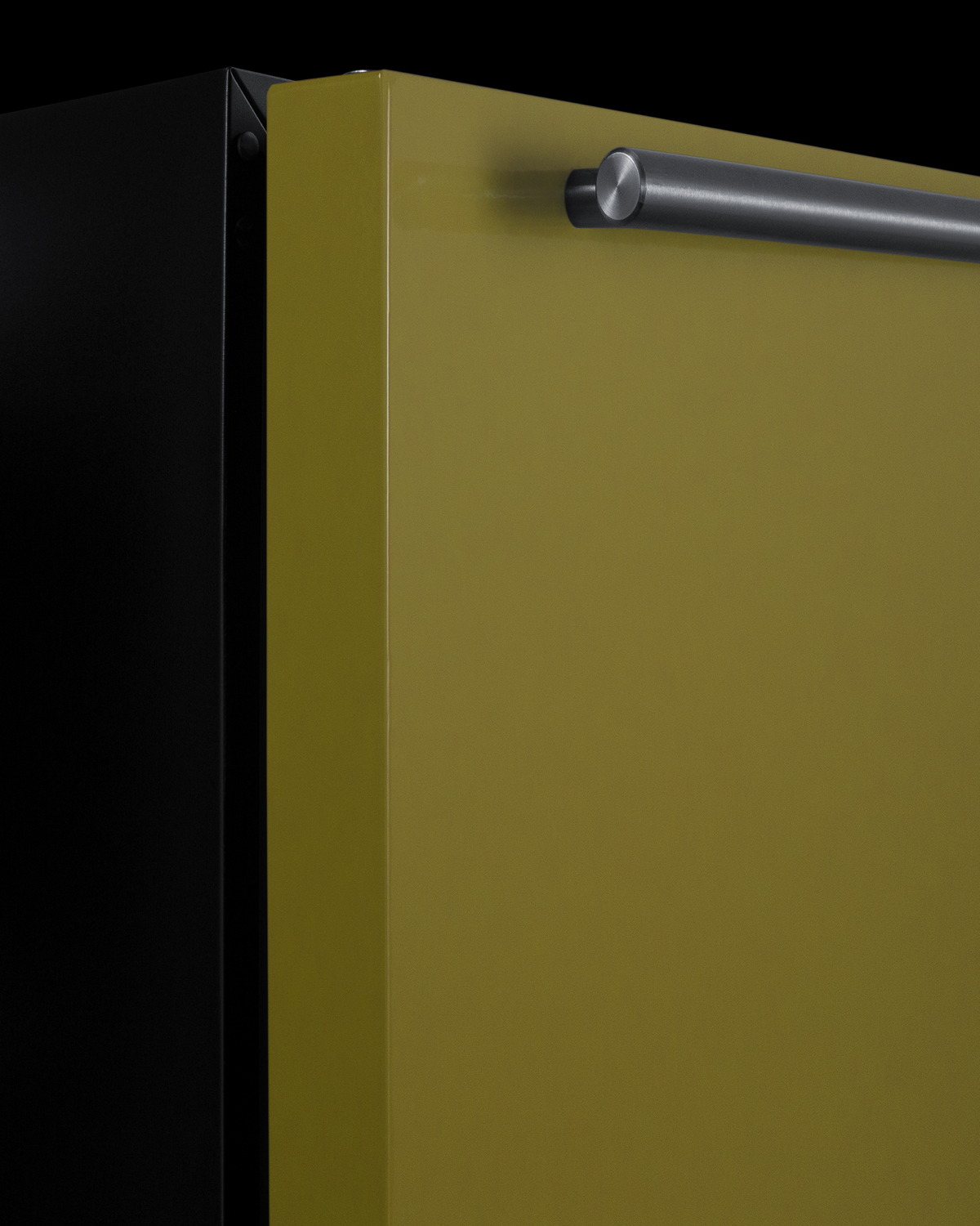 24 in. wide refrigerator-freezer for residential use with a saffron gold door, stainless steel handle, and black cabinet